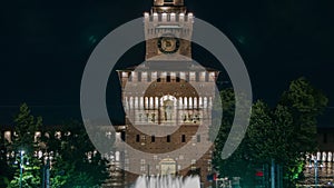 Main entrance to the Sforza Castle and tower - Castello Sforzesco night timelapse, Milan, Italy