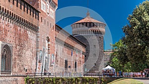 Main entrance to the Sforza Castle and tower - Castello Sforzesco timelapse, Milan, Italy