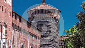 Main entrance to the Sforza Castle and tower - Castello Sforzesco timelapse, Milan, Italy