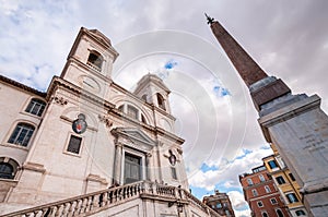 The main exterior of the Holy Trinity of the Hills Church and the Obelisk in Rome in Lazio, Italy