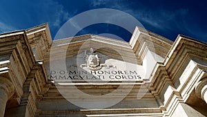 Main facade of the Basilica of the Sacred Heart Immaculate of Mary, in Piazza Euclide in Rome. with a Greek cross plan inscribed i