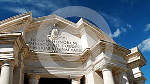 Main facade of the Basilica of the Sacred Heart Immaculate of Mary, in Piazza Euclide in Rome. with a Greek cross plan inscribed i