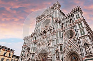 Main facade of the Cathedral of Santa Maria del Fiore in Florence in Tuscany, Italy