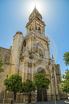 The main facade of the church of San Miguel against the sun. Jerez de la Frontera, Andalusia, Spain photo