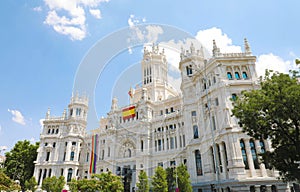 The main facade of the City Hall, located at Plaza de Cibeles square, City Council of Madrid, Spain