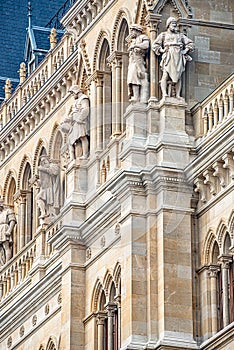 Main facade of City Hall Rathaus in Vienna with many figures and sculptures, Austria