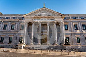 Main facade of the Congress of Deputies seat of popular sovereignty and Spanish democracy, Madrid.