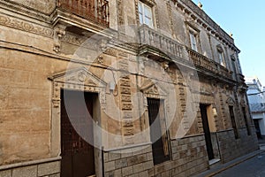 Main facade of the Estrada house of the Andalusian magical town of Cortegana, Huelva, Spain