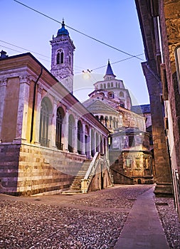 The Fontanone Visconteo with The Basilica di Santa Maria Maggiore in the background at nightfall. Citta Alta, Bergamo, Lombardy, photo