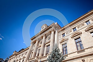 Main facade of the National Bank of Romania (BNR, Banca Nationala A Romaniei), the central bank of the