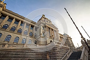 Main facade of the National Museum of Prague, Czech Republic, during a sunny afternoon.
