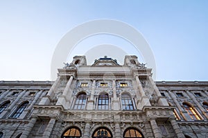 Main facade of the Naturhistorisches Museum Wien at dusk. It is the main natural history museum of Vienna, Austria