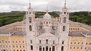 Main facade of the royal palace in Marfa, Portugal, May 10, 2017. Aerial view.