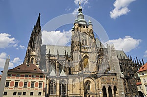 The main facade of St. Vitus Cathedral Street, Prague, Czech Republic, the decorative elements of the facade, cut stone with signs