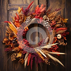 The main front wooden door. Autumn decorations for Thanksgiving