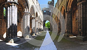 Main gallery of Kirkstall Abbey ruins, Leeds, UK