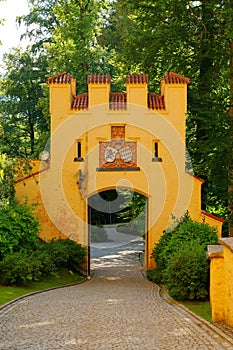 The main gate of Hohenschwangau Castle Schloss Hohenschwangau, Hohenschwangau Village, OstallgÃ¤u, Swabia Schwaben, Bavaria Ba