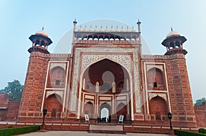 Main Gate to Taj Mahal in the fog in the early morning