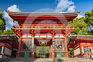 Main gate of Yasaka Jinja shrine. It is a Shinto shrine in the Gion District of Kyoto, Japan