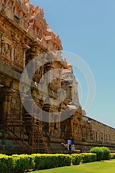 The main hall and way with sculptures in the Brihadisvara Temple in Gangaikonda Cholapuram, india.