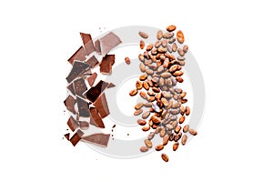 Main ingredient for chocolate. Cocoa beans near pieces of chocolate on white background top view copy space