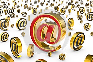 The main internet address (@). A single red & golden email symbol surrounded by many gray & gold e-mail symbols