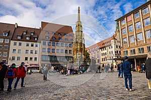 Main market square or Hauptmarkt, place of the Schoner Brunnen fountain in the Nuremberg