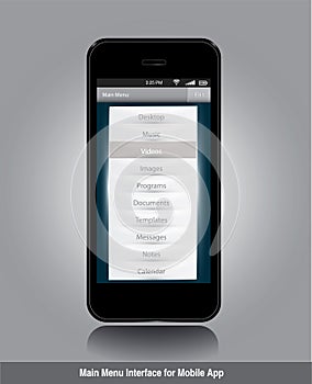 Main menu interface for mobile app