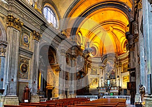 Main nave and presbytery of Eglise Saint Francois de Paule church of Francis of Paola in historic old town of Nice in France