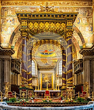 Main nave and presbytery of papal basilica of Saint Mary Major, Basilica di Santa Maria Maggiore, in center of Rome in Italy