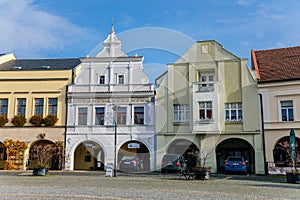 Main Peace square of historic medieval royal town Melnik, colorful renaissance and baroque houses in sunny autumn day, first floor