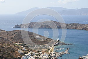 Main port of Ios Island. Sikinos Island in background. Cyclades, Greece