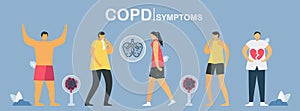 Main process of COPD symptoms starts from strong, sputum, tired, cough until heart attack. Lung have breathing problems and poor