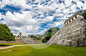 Main pyramid and Palace at mayan ruins of Palenque - Chiapas, Mexico