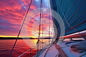 main sail and jib against a colorful sunset