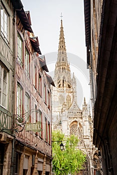 Main shopping street and Rouen cathedral photo