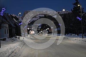 The main snowy street of the Zabljak,early winter morning