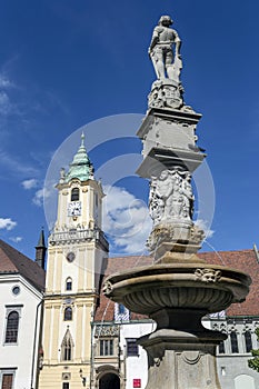 Main Square in Bratislava on a sunny day with the Roland Fountain in the foreground