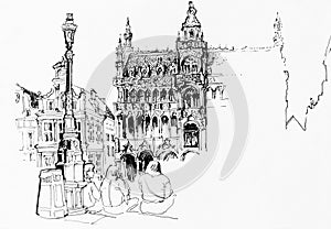 Main square in Brussels, Belgium, view to gothic cityhall, hand drawn sketch illustration photo