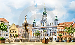Main square of Ceske Budejovice with Samson fountain and Town Hall building - Czech Republic