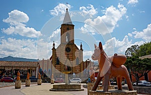 Main square of colombian town called raquira