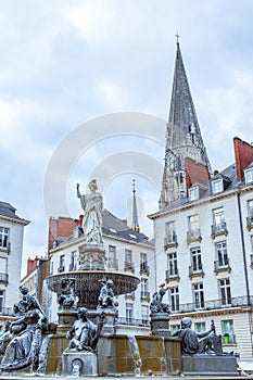 Main Square, fountain and church. Nantes.