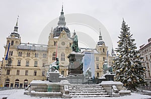 Main square Hauptplatz with Erzherzog Johann fountain and Town Hall in the background, in winter, in Graz, Styria region, Austria photo