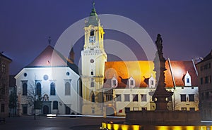 Main Square is historical landmark of Bratislava in night illumination