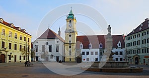 Main Square is historical landmark in sunset of Bratislava