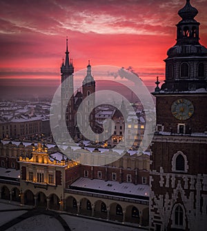 Main Square in Krakow during magic dawn in winter, Poland