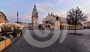 The main square of Krakow in the morning in summer.