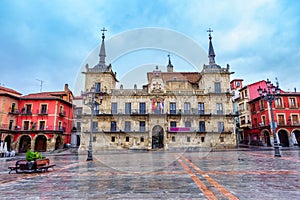 Main square of the old city with its town hall in neoclassical style, Leon Spain. photo