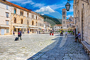 Main square in old medieval town Hvar. Hvar is one of most popular tourist destinations in Croatia in summer. Central Pjaca square