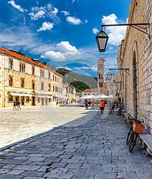 Main square in old medieval town Hvar. Hvar is one of most popular tourist destinations in Croatia in summer. Central Pjaca square